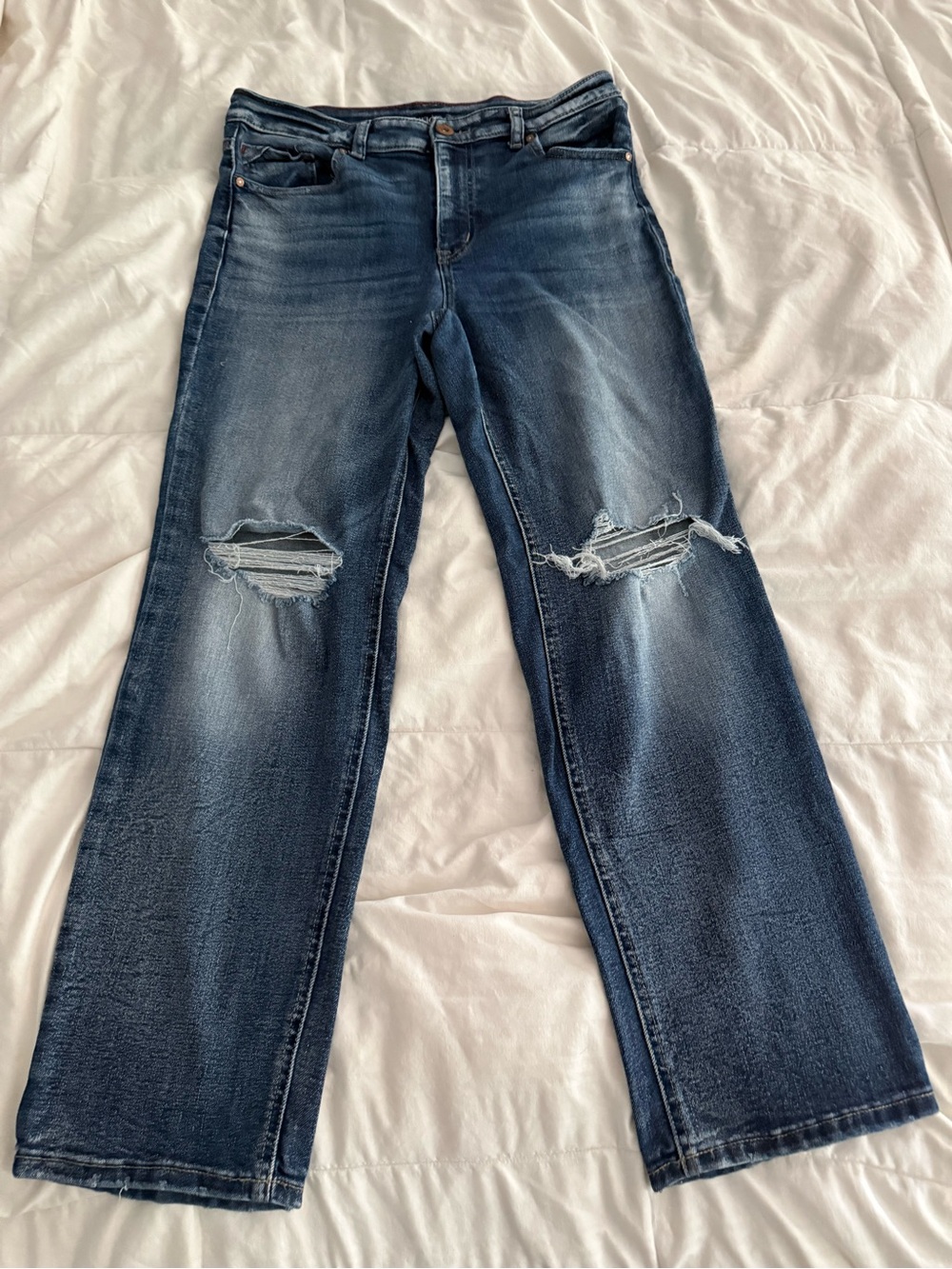 Maurices Distressed Straight Leg Jeans in Dark Blue
